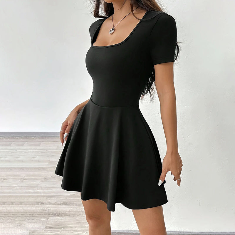 Women's Square Neck Short Sleeve Ruffle Flare Mini Dress