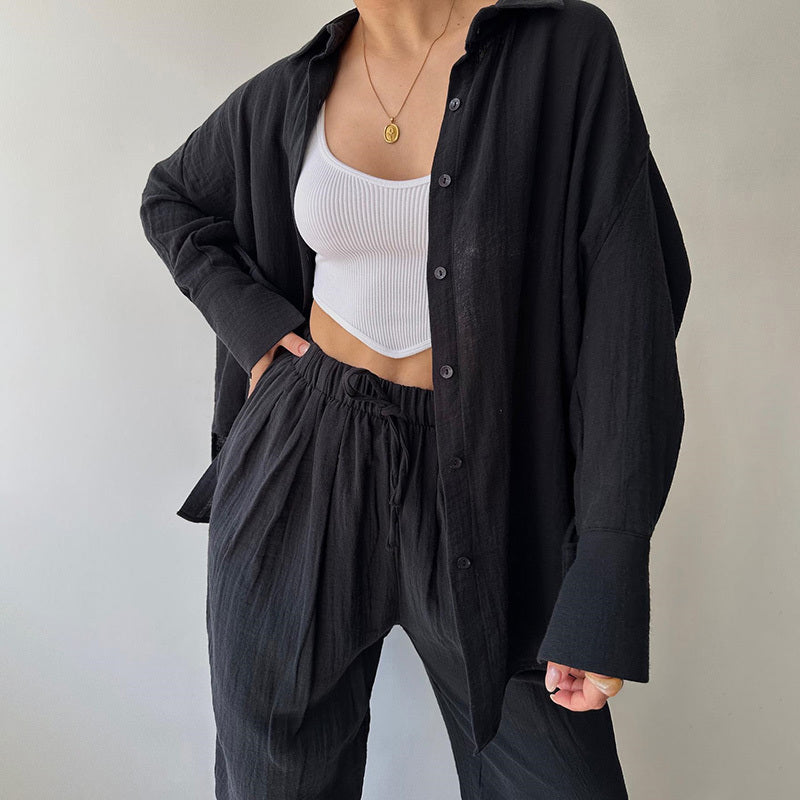 Women's Solid Color Long Sleeve Shirt & High-Waist Pants Set