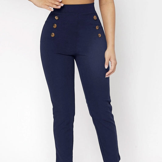 Women's Fashionable Retro Slim Fit Double Row High Waisted Pants
