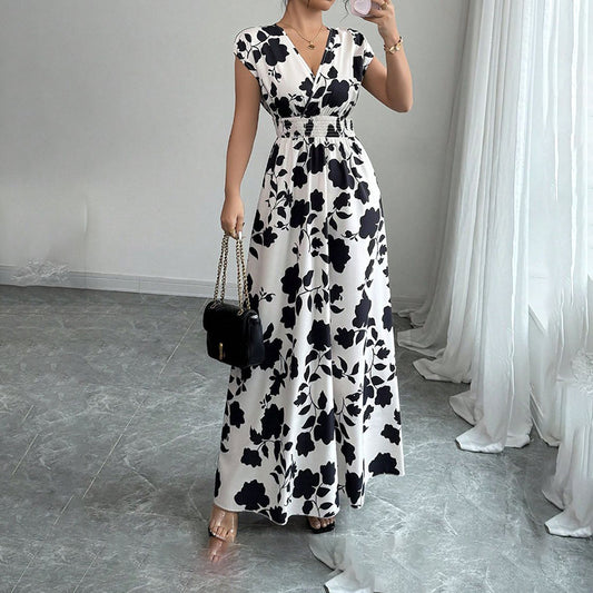 Women's Short Sleeve Empire Elastic Waist Summer Maxi Long Dresses