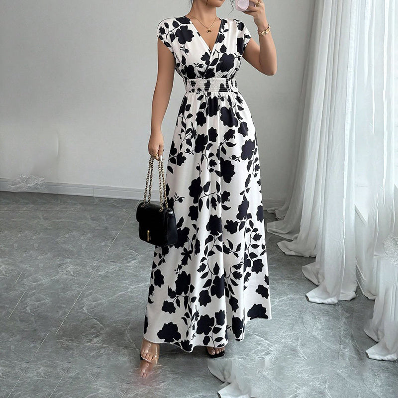 Women's Short Sleeve Empire Elastic Waist Summer Maxi Long Dresses