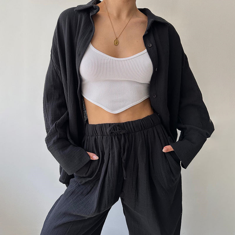 Women's Solid Color Long Sleeve Shirt & High-Waist Pants Set