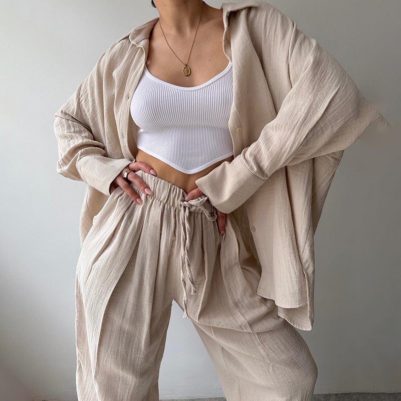 Women's Solid Color Long Sleeve Shirt & High-Waist Pants Set