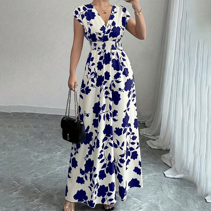Women's Short Sleeve Empire Elastic Waist Summer Maxi Long Dresses