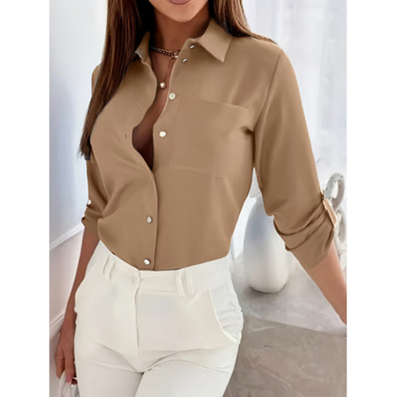 Womens Button Down Rolled Up Long Sleeve Top
