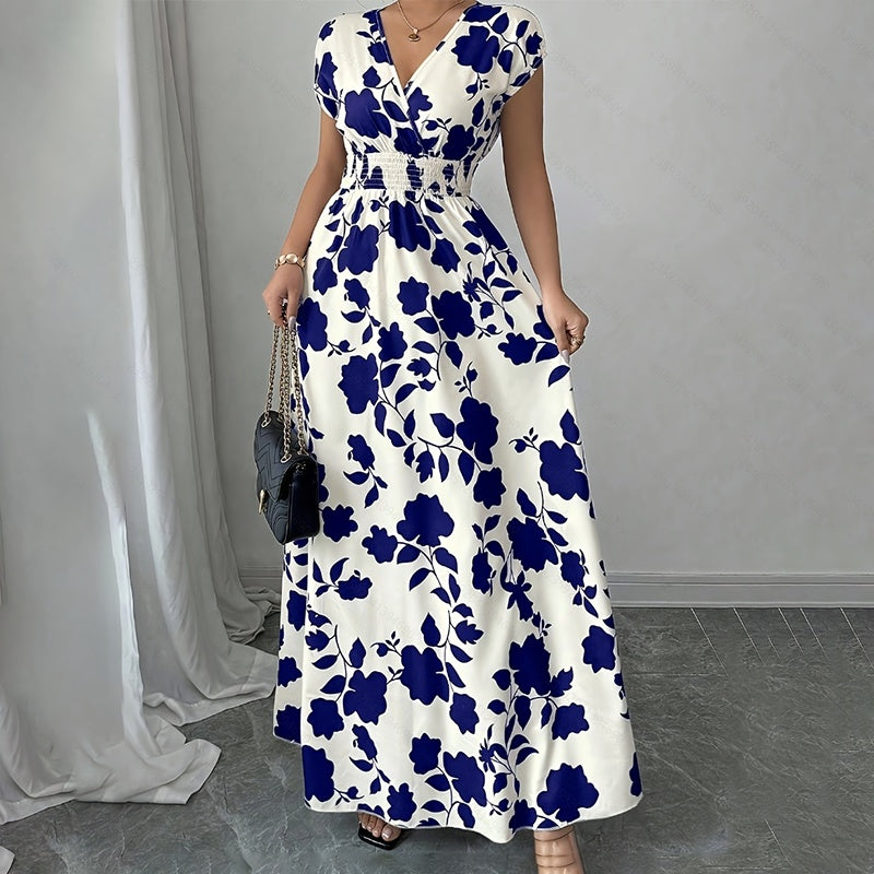 Women's Short Sleeve Empire Elastic Waist Summer Maxi Long Dresses