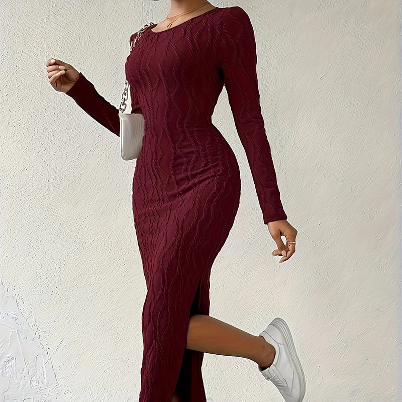 Crew Neck Long Sleeve Ribbed Dress
