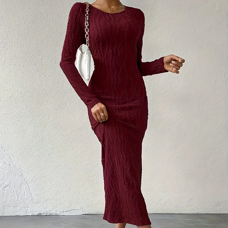 Crew Neck Long Sleeve Ribbed Dress