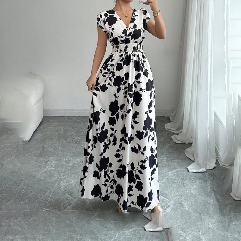 Women's Short Sleeve Empire Elastic Waist Summer Maxi Long Dresses