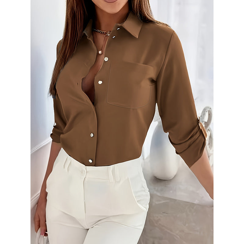 Womens Button Down Rolled Up Long Sleeve Top