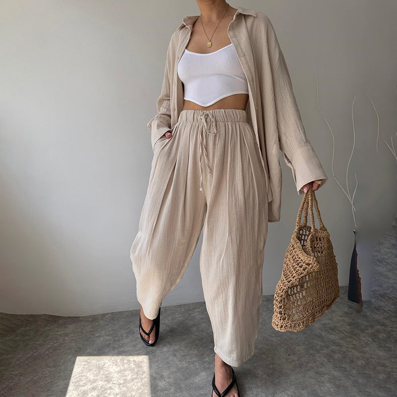 Women's Solid Color Long Sleeve Shirt & High-Waist Pants Set