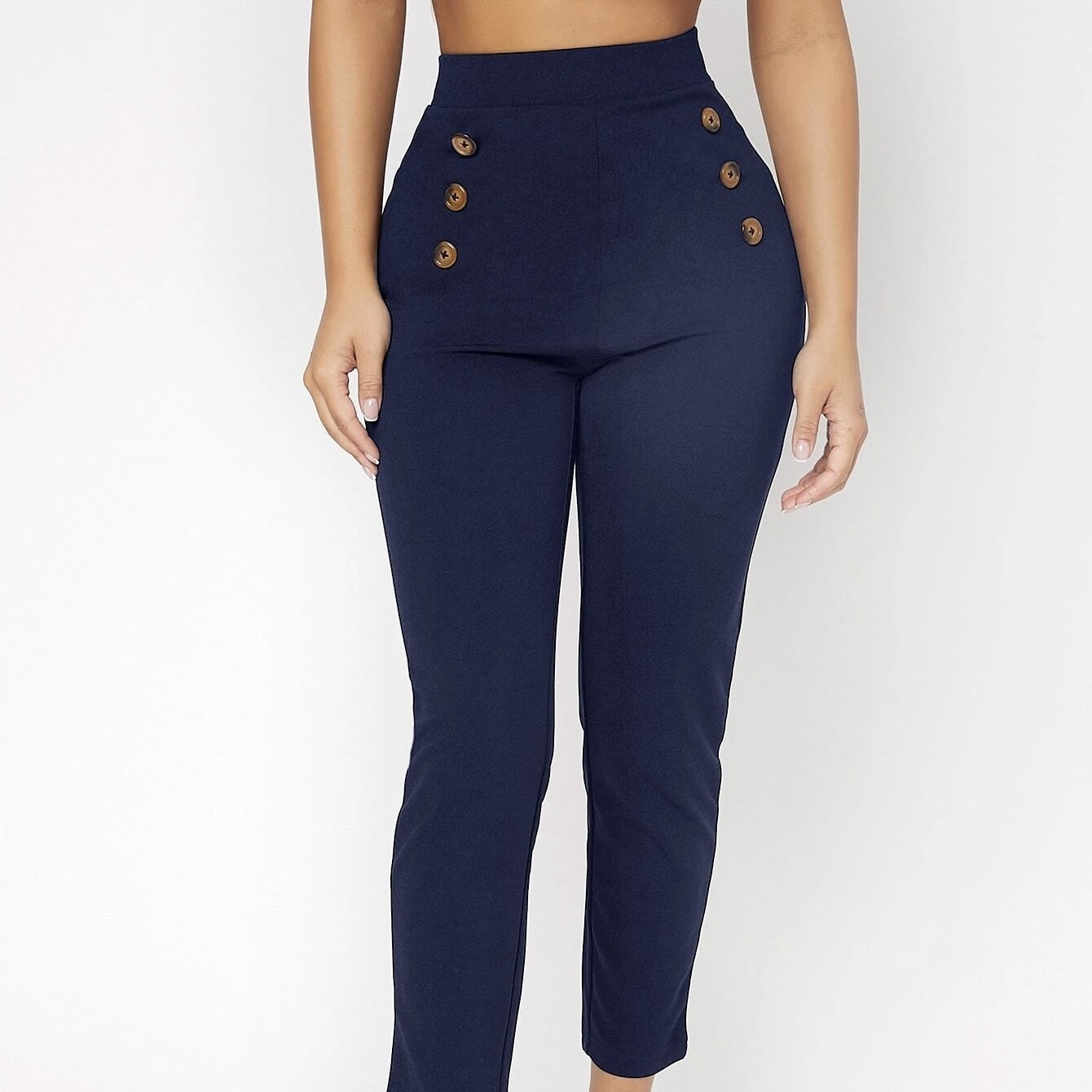 Women's Fashionable Retro Slim Fit Double Row High Waisted Pants