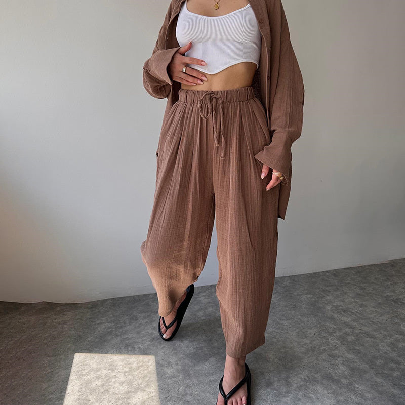 Women's Solid Color Long Sleeve Shirt & High-Waist Pants Set