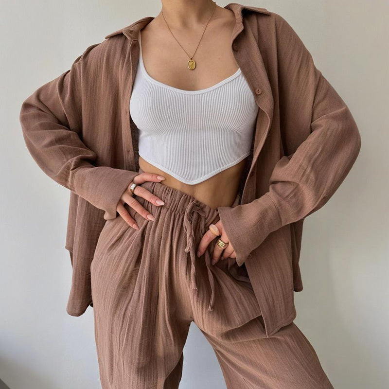 Women's Solid Color Long Sleeve Shirt & High-Waist Pants Set