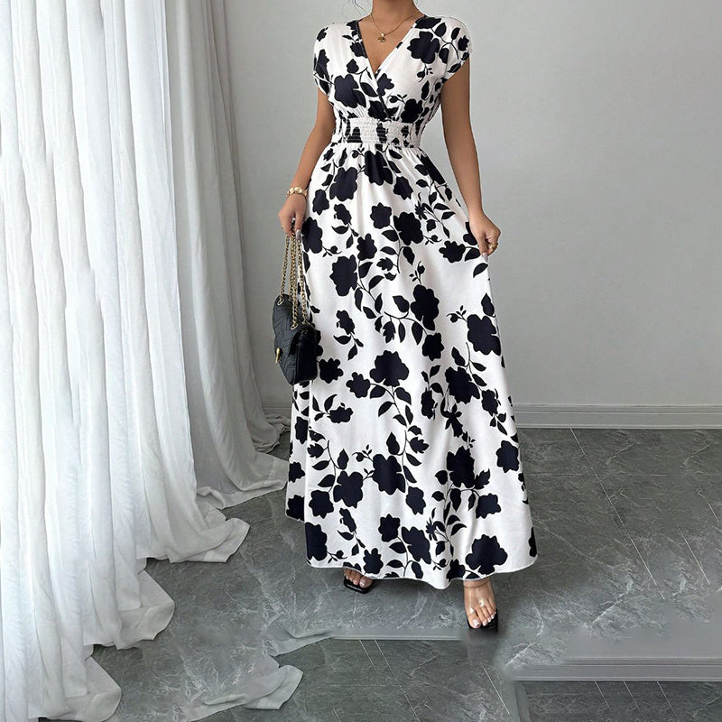 Women's Short Sleeve Empire Elastic Waist Summer Maxi Long Dresses