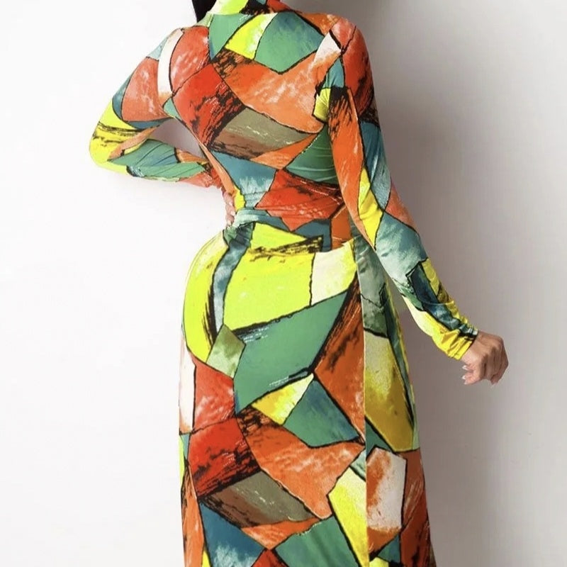Women's Color Block Printed Fashionable Slit Long Sleeved Dress