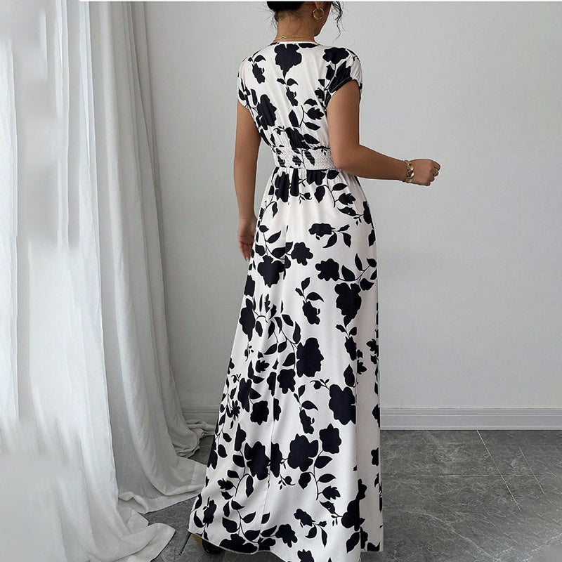 Women's Short Sleeve Empire Elastic Waist Summer Maxi Long Dresses
