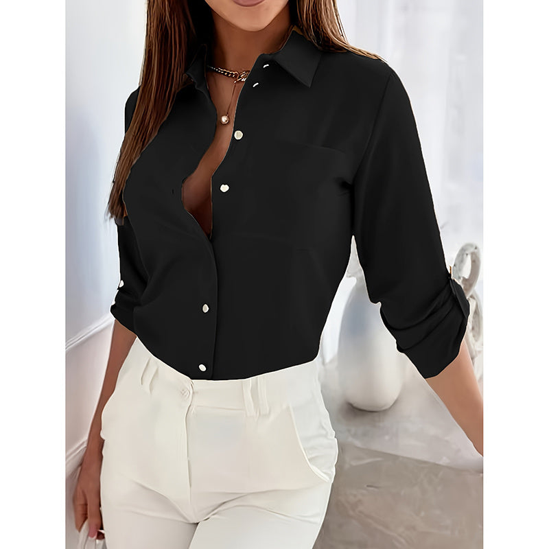 Womens Button Down Rolled Up Long Sleeve Top