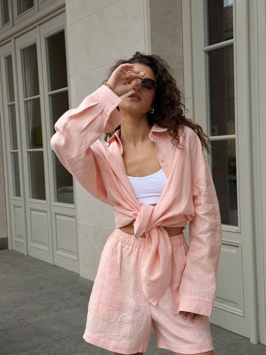 Long Sleeve Cardigan Shorts Suit