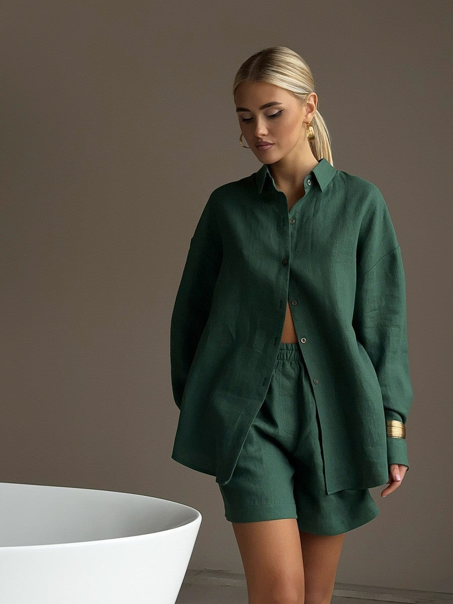 Long Sleeve Cardigan Shorts Suit