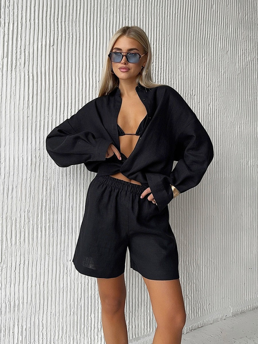 Long Sleeve Cardigan Shorts Suit