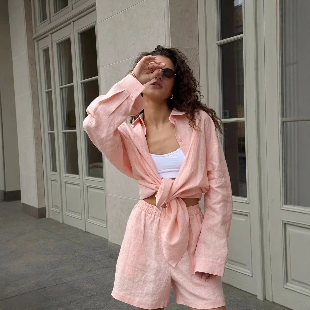 Long Sleeve Cardigan Shorts Suit