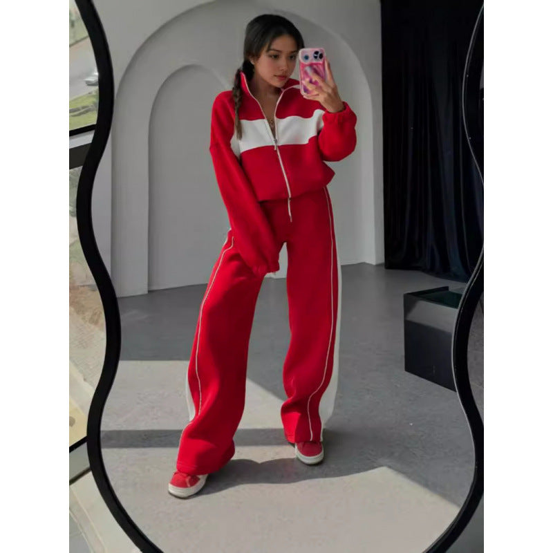 Contrast Color Comfortable Loose Sweater Pants Suit