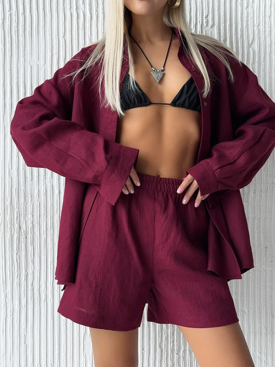 Long Sleeve Cardigan Shorts Suit