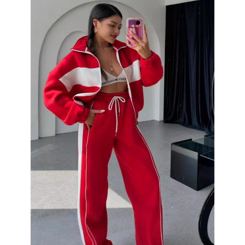 Contrast Color Comfortable Loose Sweater Pants Suit