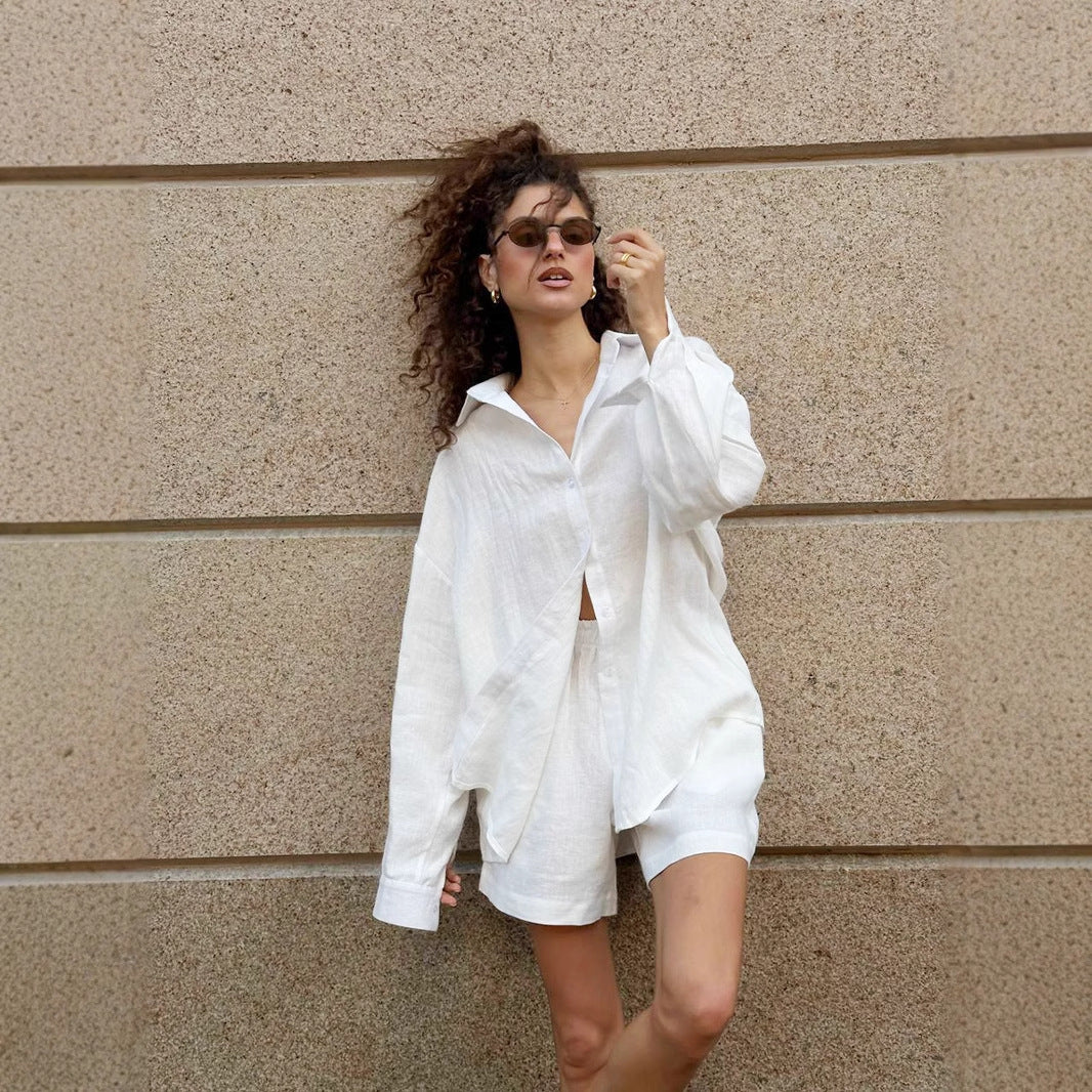 Long Sleeve Cardigan Shorts Suit