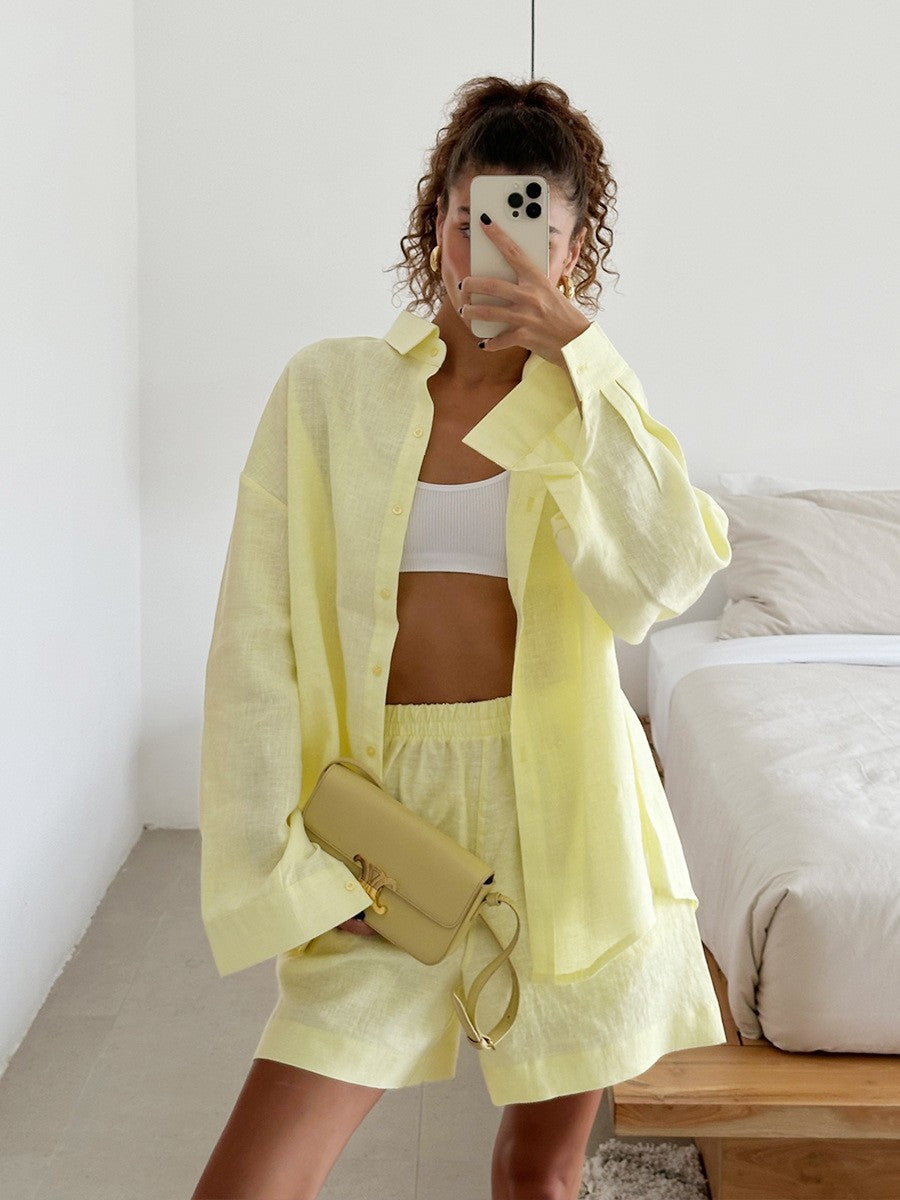 Long Sleeve Cardigan Shorts Suit
