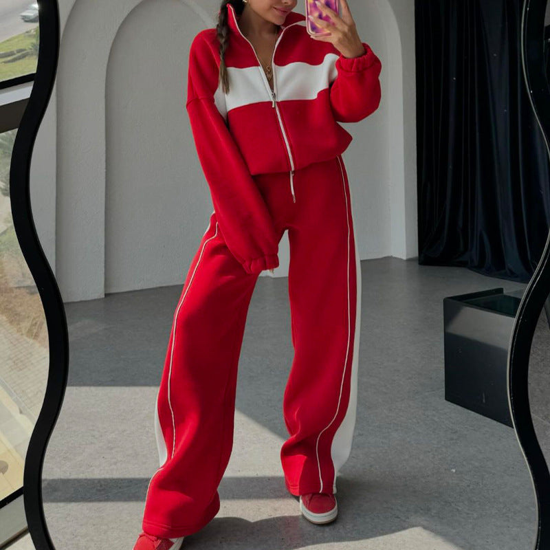 Contrast Color Comfortable Loose Sweater Pants Suit