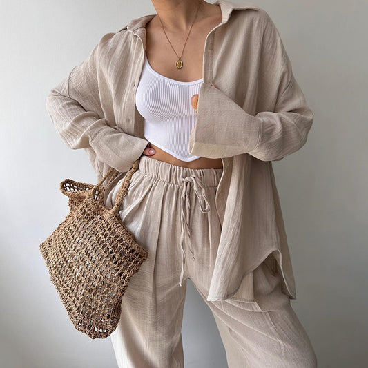 Women's Solid Color Long Sleeve Shirt & High-Waist Pants Set