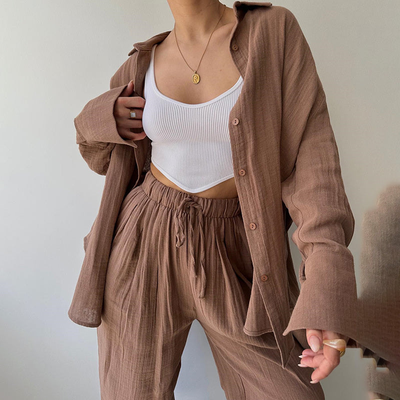 Women's Solid Color Long Sleeve Shirt & High-Waist Pants Set