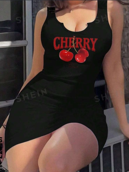 Cherry; V-Neck Sleeveless Fitted Mini Dress