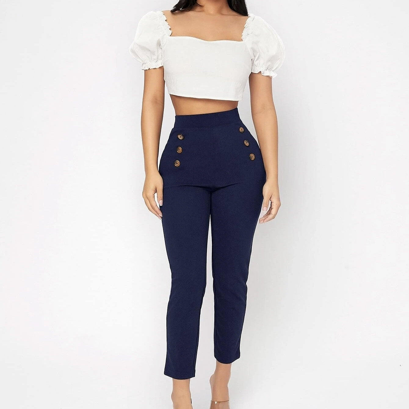 Women's Fashionable Retro Slim Fit Double Row High Waisted Pants