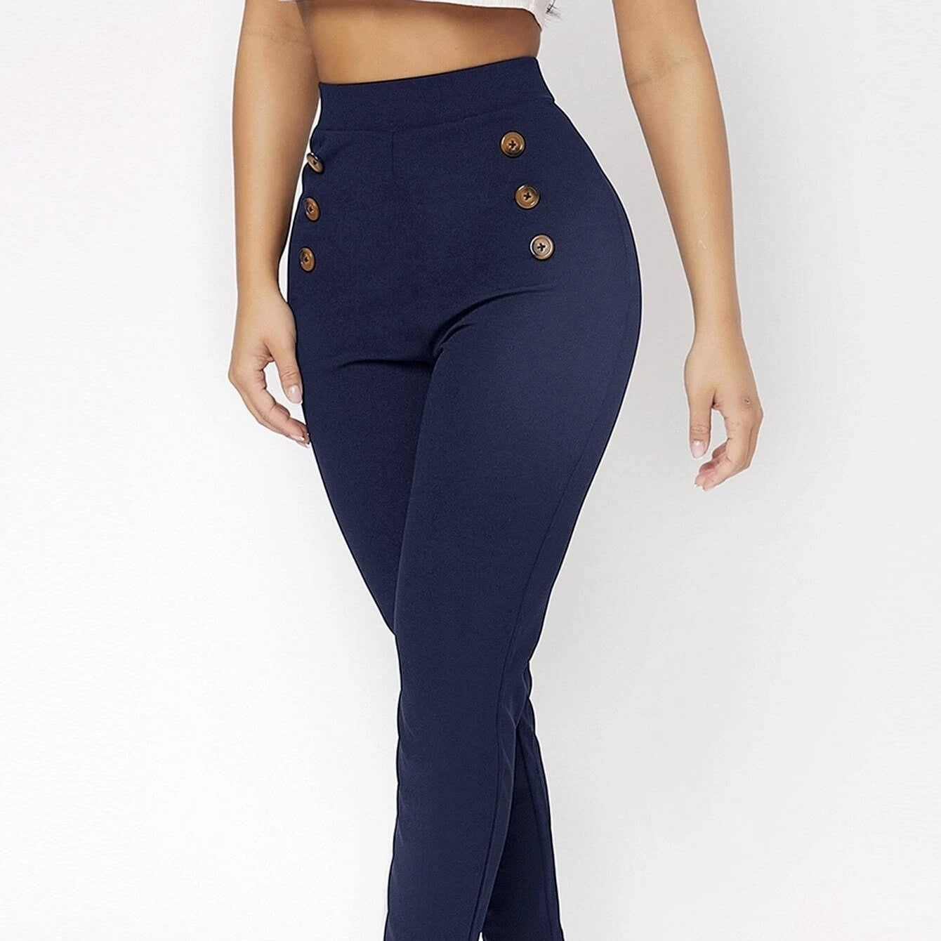 Women's Fashionable Retro Slim Fit Double Row High Waisted Pants