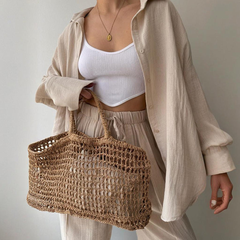 Women's Solid Color Long Sleeve Shirt & High-Waist Pants Set