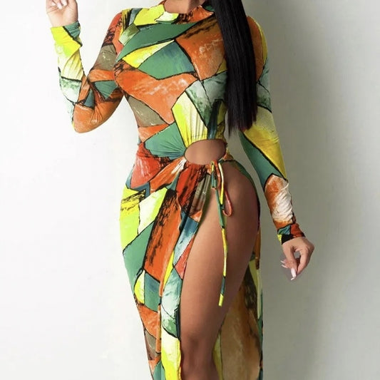 Women's Color Block Printed Fashionable Slit Long Sleeved Dress