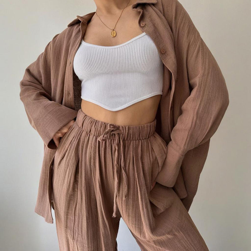 Women's Solid Color Long Sleeve Shirt & High-Waist Pants Set