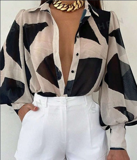 Elegant Loose Print Lantern Sleeve