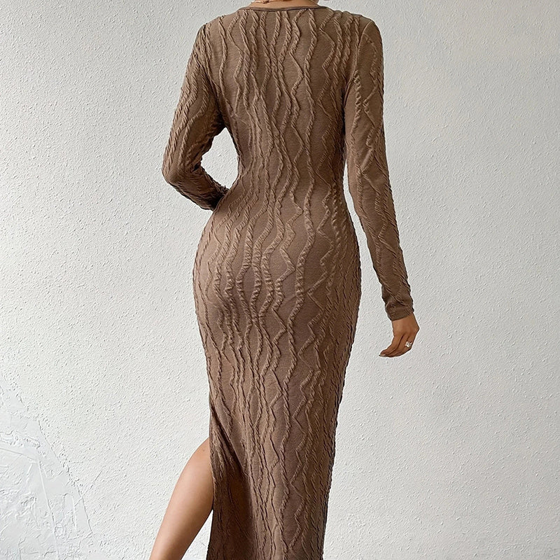 Crew Neck Long Sleeve Ribbed Dress