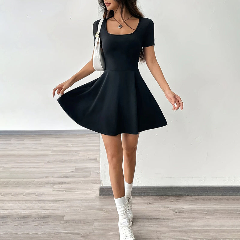 Women's Square Neck Short Sleeve Ruffle Flare Mini Dress